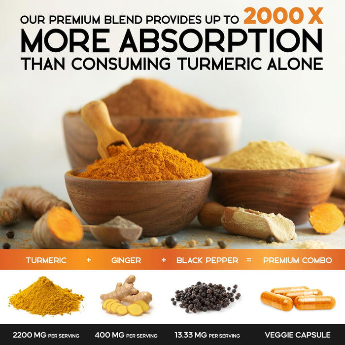 Turmeric Curcumin Supplement 2600mg - with Organic Ginger & Turmeric, 95% Curcuminoids, BioPerine Black Pepper for Best Absorption, Nature's Vegan Joint Support, Non-GMO, Bottled in USA - 180 Capsules
