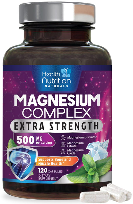 Magnesium Complex Capsules 500 mg with Oxide, Glycinate, Malate, Citrate - High Absorption Complex Chelated Magnesium Mineral Supplements - for Muscle, Bone and Heart Health Support - 120 Capsules