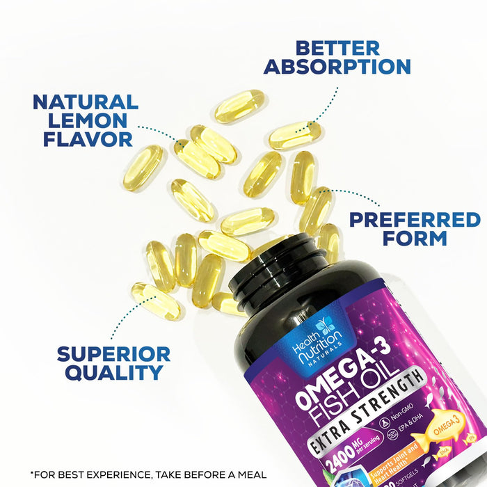 Omega 3 Fish Oil 2400 mg - Triple Strength Omega3, EPA & DHA Fatty Acids Supplement - Natural Support for Immune, Heart & Brain Health - Wild Caught, Non-GMO, Lemon Flavor, Burpless - 120 Softgels