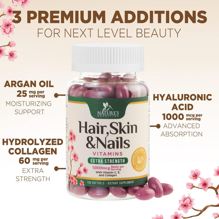 Hair Vitamins Biotin 5000 mcg Collagen for Hair Skin and Nails Vitamin Nature's – 120 Softgels