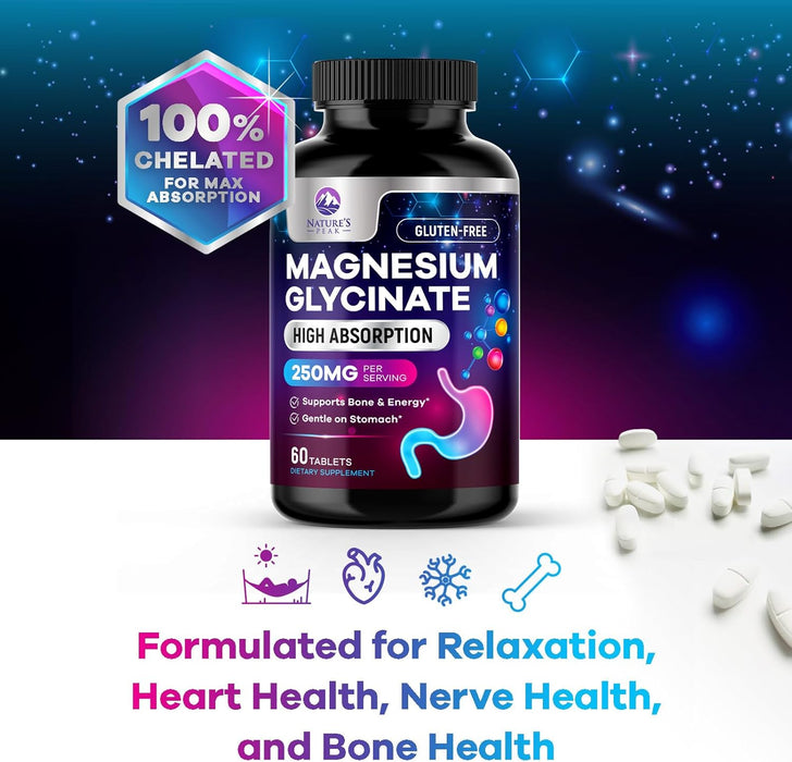 Magnesium Glycinate Chelated for Max Absorption - Supports Bone, Muscle, Nerves & Heart Health, Nature's Sleep and Stress Support, Best Magnesium Supplement Pills for Whole Body Support - 120 Tablets