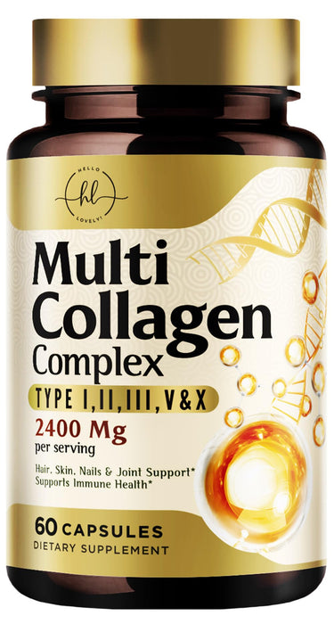 Multi Collagen Peptides for Women – 2400mg Best Hydrolyzed Collagen Complex with 5 Types (I, II, III, V, X) - Grass Fed – Hair, Skin, Nail, Bone & Joint Support for Beauty & Wellness – 60 Capsules
