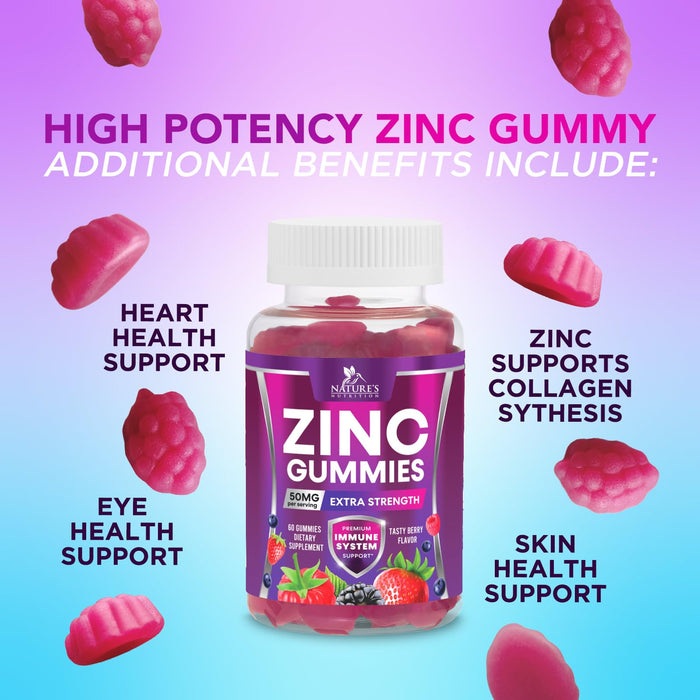 Zinc Gummies 50mg - Bone Skin & Immune Support Health Gummy & Premium Antioxidant Chewable for Adults - High Absorption Vegan, Gluten Free Zinc Supplements Vitamin - Tasty Berry Flavor - 60 Gummies