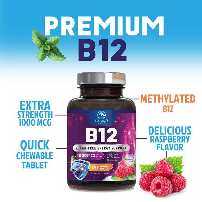 Vitamin B12 1000 mcg (Methylcobalamin) Super B 12 Complex Dietary Supplement for Energy & Immune Support, Vegan, Sugar-Free, Sublingual, Tasty Raspberry Flavor - 120 Chewable Tablets, 120 Day Supply