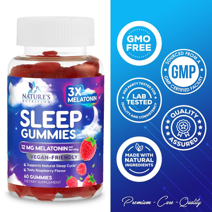 Sleep Gummies with Melatonin - Extra Strength Sleep Gummy, 12 mg Melatonin, Natural Melatonin Gummy, Occasional Sleep Support Supplement for Adults, Vegan, Non-GMO, Gomitas para Dormir - 60 Gummies