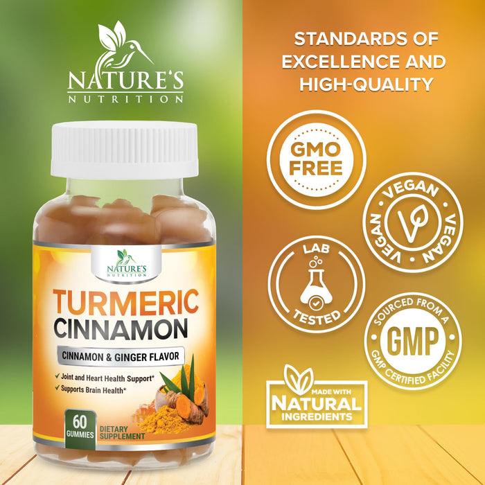 Turmeric Curcumin Supplement Gummies with Ginger & Cinnamon, 95% Curcuminoids Turmeric Curcumin Gummy with Black Pepper for Best Absorption, Nature's Vegan Joint Support Tumeric, Non-GMO, 60 Gummies