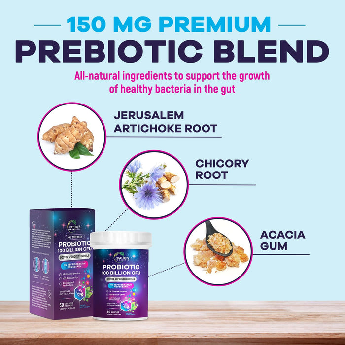 Probiotic Pills 100 Billion CFU Prebiotics, Acidophilus Probiotics Supports Immune System Digestive Health, Supports Occasional Constipation & Bloating, Daily Supplement for Women & Men - 30 Capsules