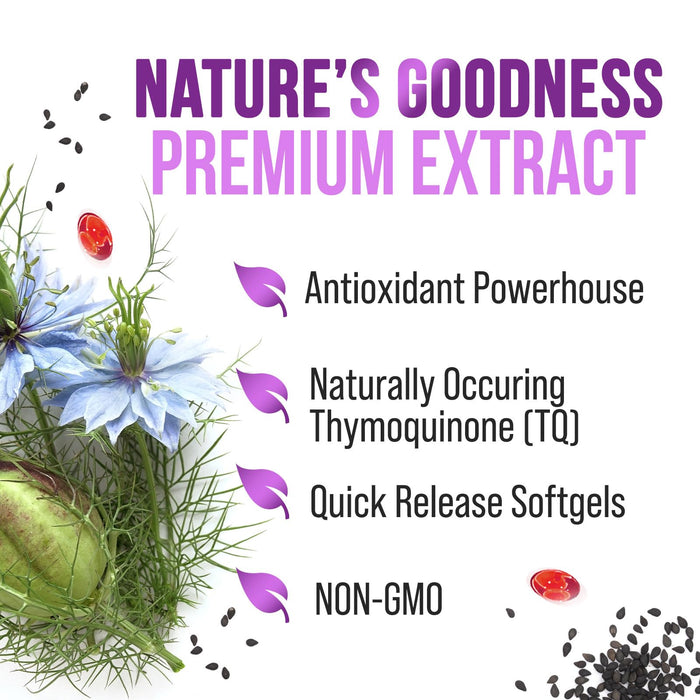 Black Seed Oil Capsules 1000mg with Thymoquinone - Pure Nigella Sativa for Skin Health & Immune Support, 100% Blackseed Oil, Amazing Extraction Above Cold Pressed Black Cumin Seed - 60 Softgels