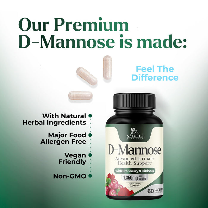 D-Mannose Supplement 1,350 mg with Cranberry & Hibiscus - Effective Fast-Acting, Flush The Impurities for Natural Bladder, Urinary Tract Health Support, for Women and Men, Non-GMO, Vegan, 60 Capsules