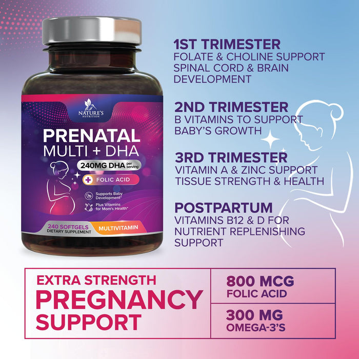 Prenatal Vitamins with Folic Acid & DHA, Fetal Brain Development Support with Folate & Omega 3's, Prenatal Multivitamin for Women, Vitamin A, C, D, B6, B12 & Iron, Pregnancy Supplement - 240 Softgels