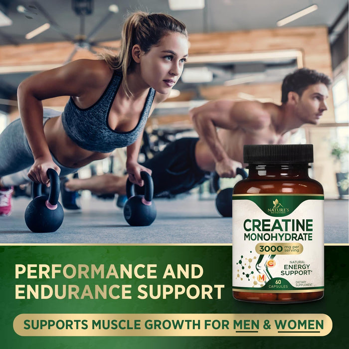 Creatine Monohydrate Capsules 3000mg – Best Micronized Creatine Powder - Supports Lean Muscle, Strength, Energy, & Endurance - Nature's Supplement, Non-GMO, Gluten Free for Women & Men - 60 Capsules