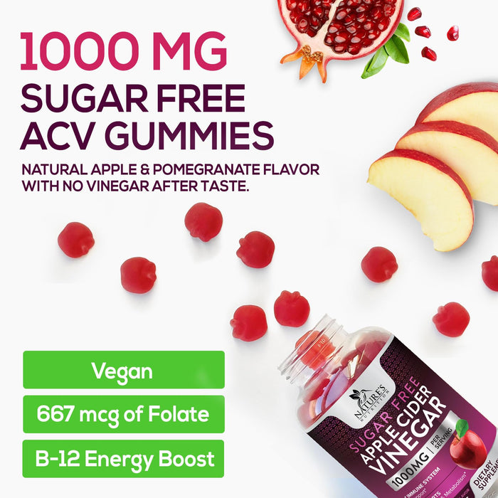Apple Cider Vinegar Gummies for Weight Loss 1000mg - Vegan Apple Vinegar Gummy for Detox & Cleanse, ACV Supplement Pills, Vitamin B12, Sugar Free ACV Gummy, Non-GMO, Nature's Nutrition - 60 Gummies