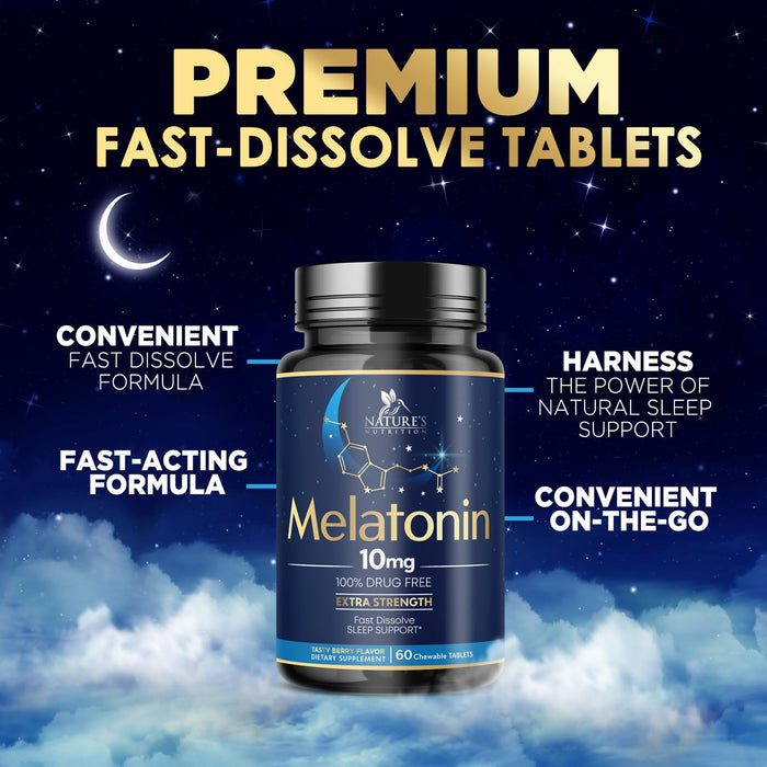 Melatonin 10 mg Fast Dissolve, Melatonin Supplements for Restful Sleep, Natural Sleep Support Supplement for Adults, Extra Strength Strawberry-Flavored Tablets, Sugar Free, 60 Tablets, 60 Day Supply