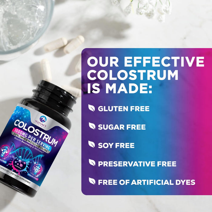 Colostrum Supplement 1000mg 20% Immunoglobulins for Gut Health, Immune Support, Muscle, Skin & Hair Growth, Bovine Colostrum Powder, Nature's Colostrum for Women & Men, Bottled in USA - 60 Capsules
