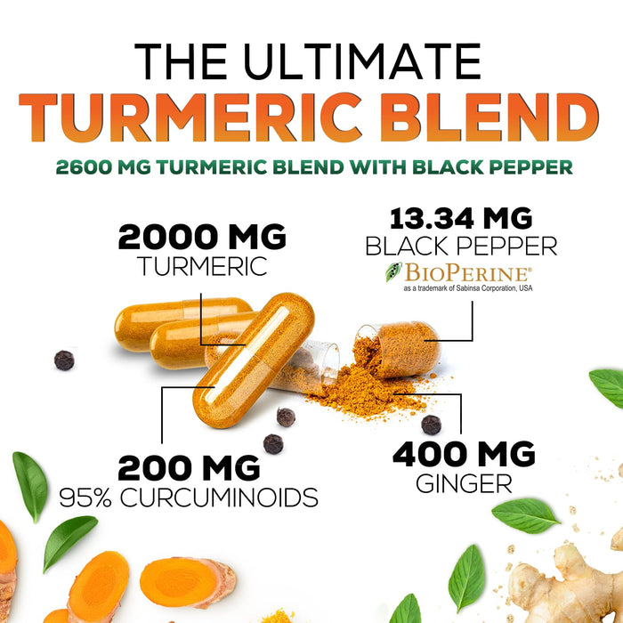 Turmeric Curcumin Supplement 2600mg with Organic Ginger & Turmeric, BioPerine Black Pepper Extract 95% Curcuminoids - Advanced Absorption Joint & Antioxidant Extra Strength Support - 120 Capsules