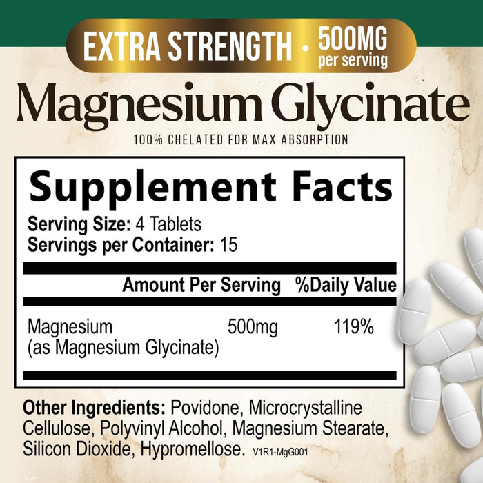 Magnesium Glycinate 500mg - Chelated for Ultra Absorption - Supports Bone, Muscle, Nerves & Heart Health, Nature's Sleep Support, Best Magnesium Supplement Pills for Whole Body Support - 60 Tablets
