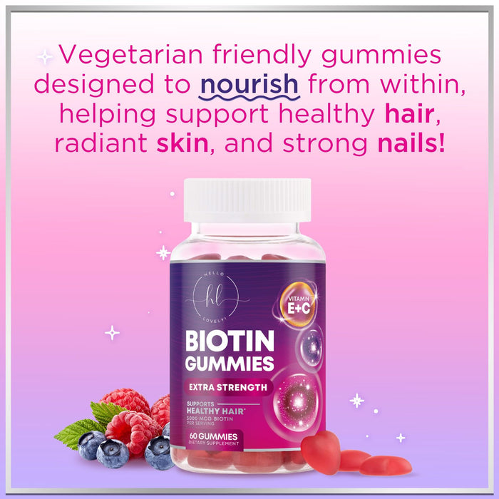 Hair Vitamins Gummy for Women with Biotin 5000 mcg, Sugar-Free Hair Growth Support with Vitamins E & C, Thicker, Stronger & Beautiful Hair, Skin & Nails, Hair Health Support Supplement - 60 Gummies