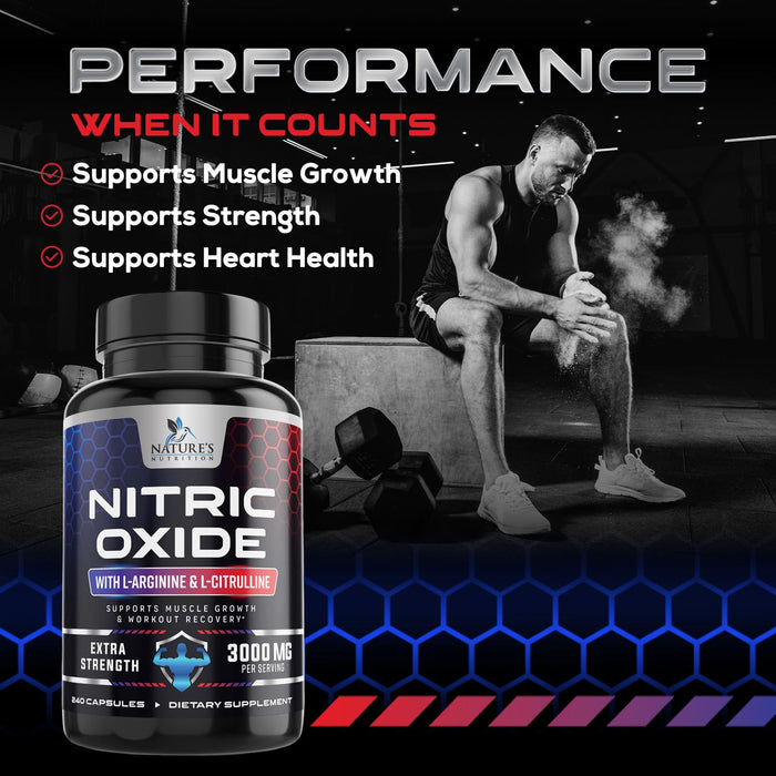 Nitric Oxide Formula with L-Arginine + Citrulline – 3000mg – 240 Capsules