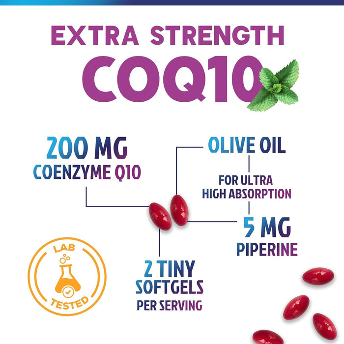 CoQ10 200mg - Ultra High Absorption Co Q 10 Softgel Supplement With Black Pepper, Energy & Heart Health Support Antioxidant - Coenzyme Q10 (Ubiquinone) for Women & Men, Bottled in USA - 120 Softgels