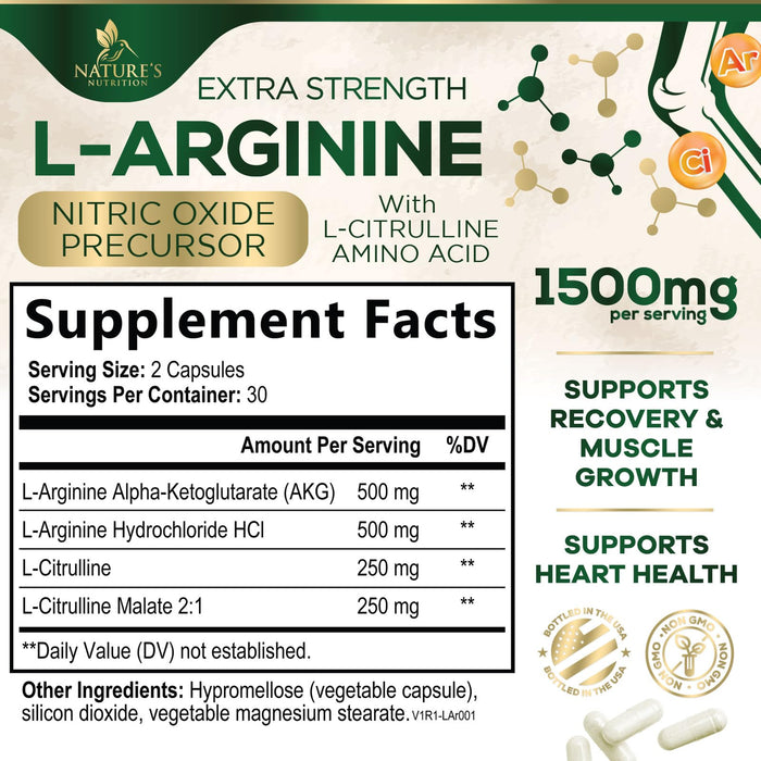 L-Arginine Supplement 1000mg with L-Citrulline - Heart Health Support - Muscle Supporting Nitric Oxide Precursor Booster for Extra Strength - Non-GMO Amino Acid Energy Blend For Men - 60 Capsules