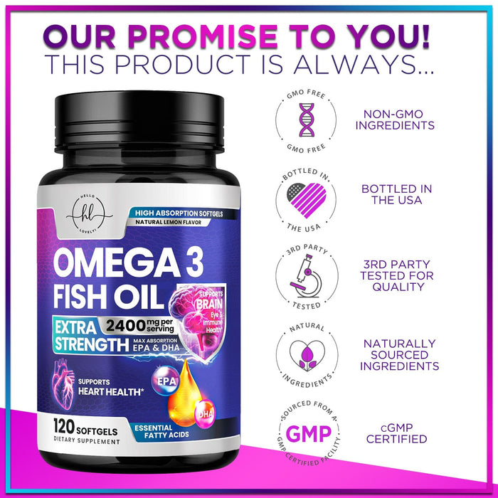 Omega 3 Fish Oil Supplements 2400mg - Triple Strength Omega 3 Fatty Acids, Natural Heart Health Brain & Joint Support - Fatty Acids with EPA & DHA - Wild Caught Fish Oil Supplement - 120 Softgels
