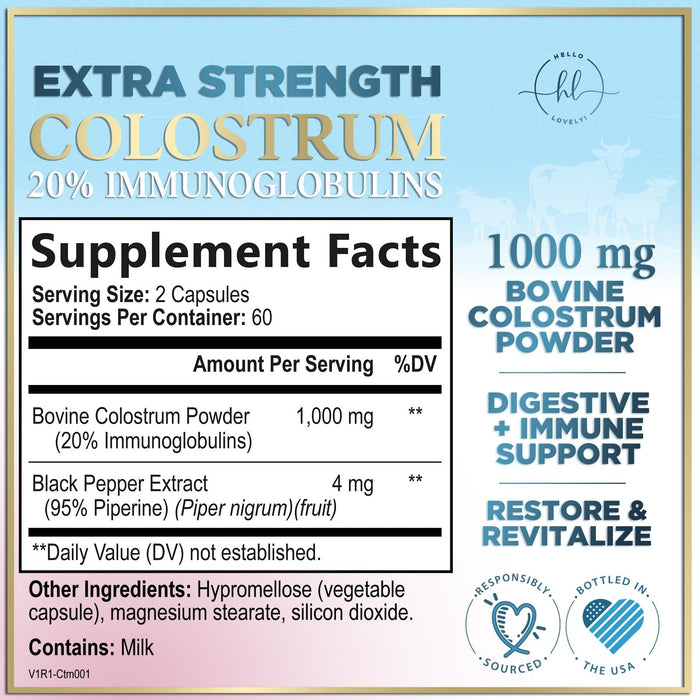 Colostrum 1000mg 20% IgG Immunoglobulins - Gut Health, Digestion & Immune Support, Bovine Colostrum Powder for Women, Muscle, Skin & Hair Growth Support, Bottled in the USA, Gluten Free - 120 Capsules