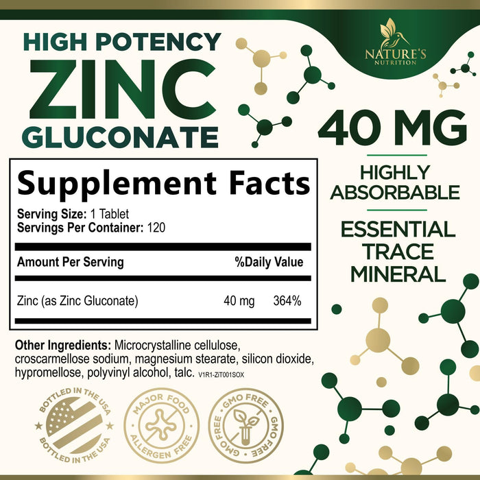 Zinc 40mg Supplements for Women and Men, Supplement for Immune Health Support, Skin Health Support, & Antioxidant Supplement for Adults with Zinc Gluconate 40 mg, High Potency, Non-GMO - 120 Tablets