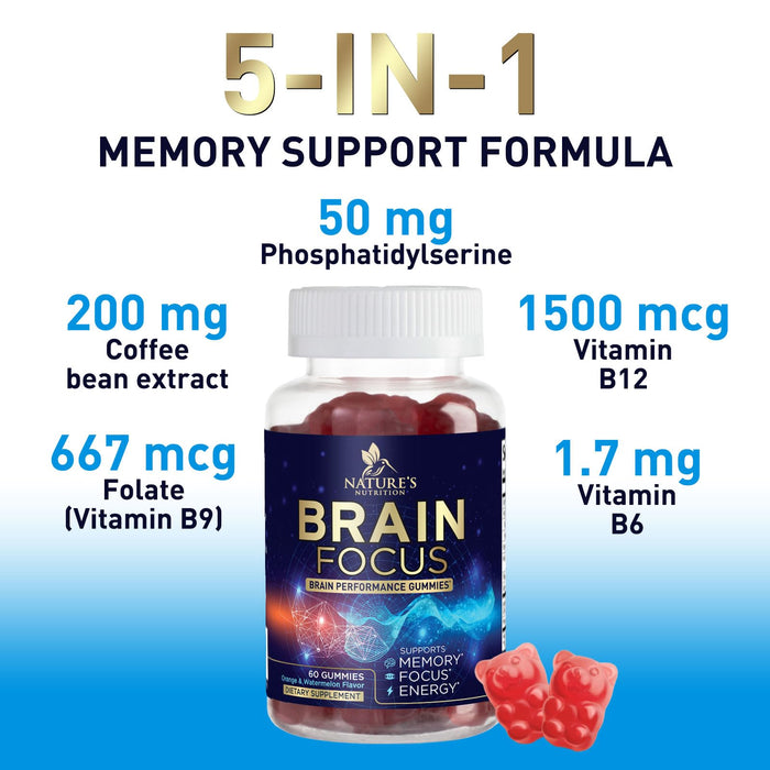 Brain Supplements for Memory and Focus with Phosphatidylserine, Nootropic Memory Supplement Gummy for Brain Health, Concentration, Mental & Cognitive Support, Focus Vitamins with B6 & B12-60 Gummies