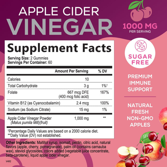 Vegan Apple Cider Vinegar Gummy 1000mg - Sugar Free ACV Gummies Vitamins Supplement with Vitamin B12 for Energy - Supports Digestion, Detox and Cleanse - Gelatin-Free, Non-GMO - 120 Gummies