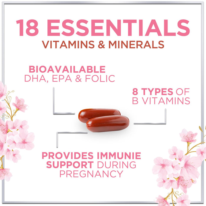 Prenatal Vitamins For Women With Folic Acid, DHA & Iron - Women's Prenatal Multivitamin, Essential Pre Natal Vitamins with Folate, Omega 3, D3, B12, Pregnancy Supplement for Mom & Baby - 60 Softgels