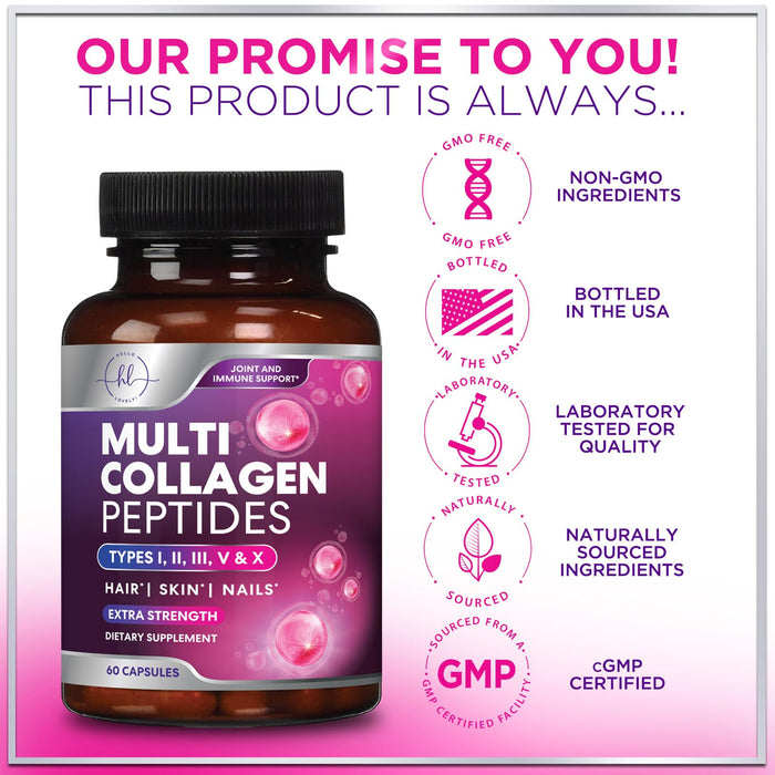 Multi Collagen Peptides Supplement - Hydrolyzed Types I, II, III, V & X Multi Collagen Pills, Hydrolyzed Collagen Peptides Supplements, Hair, Skin, Nail, and Joint Support Supplement, 60 Capsules