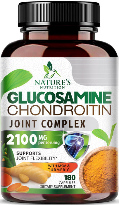 Glucosamine Chondroitin MSM 2100mg Complex - Joint Support Supplement for Joint Mobility & Comfort For Men and Women with Turmeric & Boswellia, Triple Strength Glucosamine Supplements - 180 Capsules