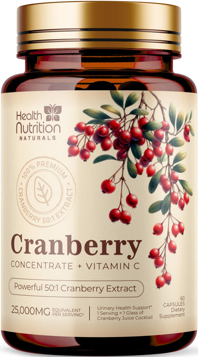 Cranberry Supplement Pills 25,000mg - High Potency Vitamin C Cranberry for Women & Men, Urinary Tract Health Support, Sugar Free, Gluten Free, Non-GMO, Cranberry Concentrate Extract - 60 Capsules