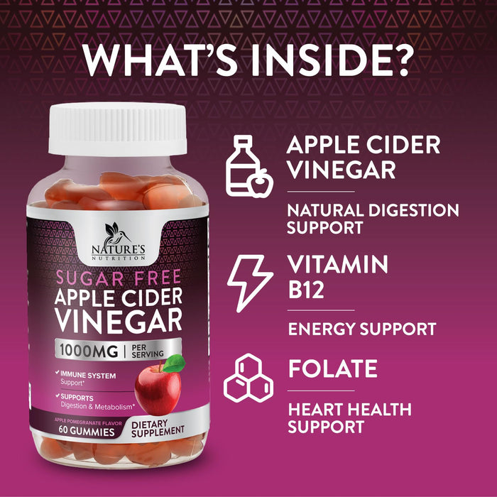 Apple Cider Vinegar Gummies for Weight Loss 1000mg - Vegan Apple Vinegar Gummy for Detox & Cleanse, ACV Supplement Pills, Vitamin B12, Sugar Free ACV Gummy, Non-GMO, Nature's Nutrition - 60 Gummies