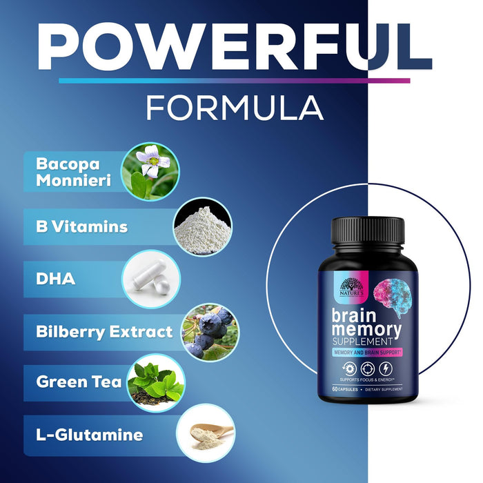 Brain Memory Supplement Pills - Nootropics Support for Concentration, Clarity, Alertness & Focus - Brain Health with Bacopa, Cognitive Vitamins, Phosphatidylserine, DMAE - Brain Booster - 60 Capsules