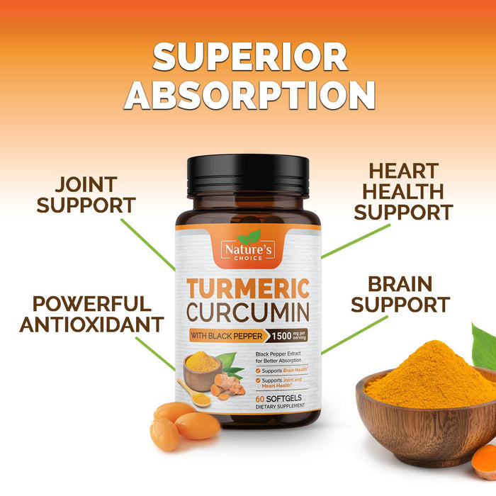 Turmeric Curcumin Supplement 1500mg with Curcuminoids - Tumeric Extract & Black Pepper for Best Advanced Absorption, Nature's Joint Herbal - Immune, Brain, Heart Support, Vegan & Non-GMO - 60 Softgels