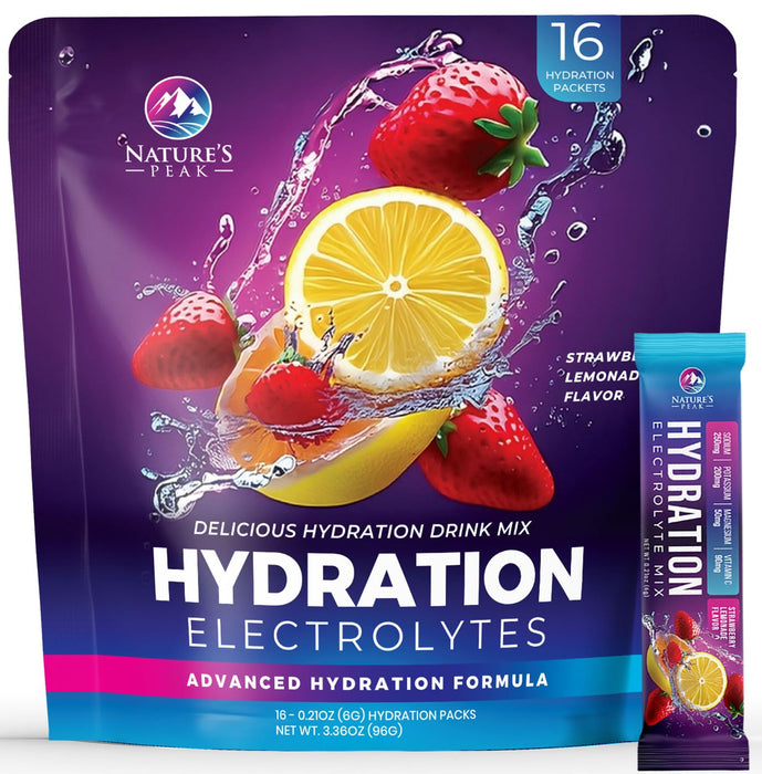 Electrolyte Hydration Packets - Best Electrolytes Drink Mix - Sugar Free Formula with Sodium, Potassium, Magnesium, Zinc & Vitamin C for Dehydration Relief and Rehydration, Strawberry Lemon (16 Pack)