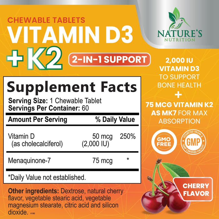 Vitamin D3 K2 2000 IU Plus with K2 (MK-7) 75 mcg - Vitamins D & K Complex Supplement for Bone, Teeth, Muscle, Calcium Absorption, Supports Immune & Heart Health, Non-GMO Chewable Formula - 60 Tablets