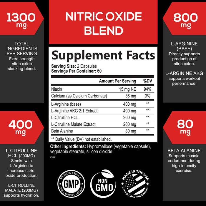 Extra Strength Nitric Oxide Supplement 3X Strength L Arginine, Citrulline Malate, AAKG, Beta Alanine - Premium Muscle Supporting Nitric Booster - Natural Energy & Heart Health Support - 120 Capsules