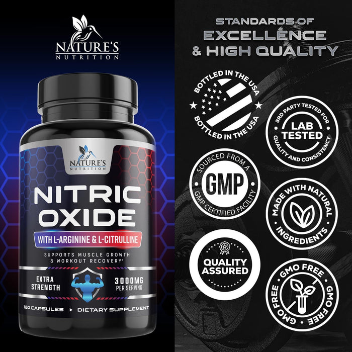 Nitric Oxide Formula with L-Arginine + Citrulline – 3000mg – 180 Capsules