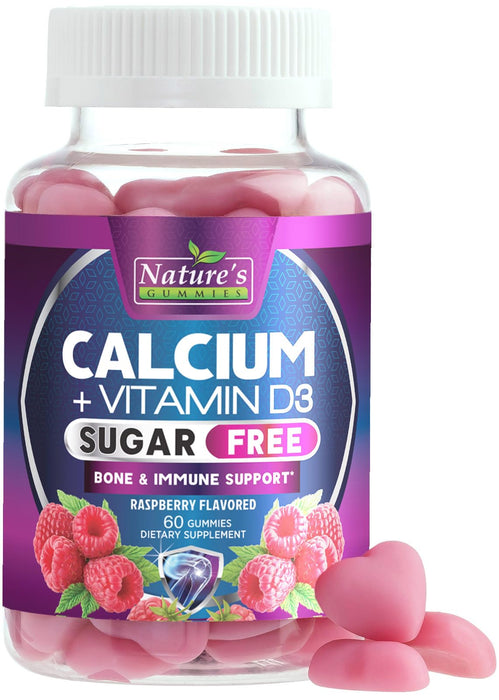 Sugar Free Chewable Calcium Gummy Vitamins - Plus 400 IU Vitamin D3 for Bone, Teeth, & Immune Health Support - Calcium Supplements for Women & Men Daily, Non-GMO, Berry Flavored - 60 Gummies
