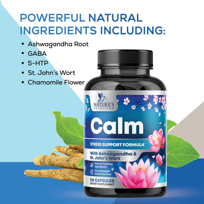Natural Calm, Unwind & Relax Support with Ashwagandha, GABA, Magnesium, 5-HTP, L-Theanine & B Vitamins, Natural Focus, Energy & Immune Support - Nature's Non-GMO, Vegan, Gluten Free - 120 Capsules
