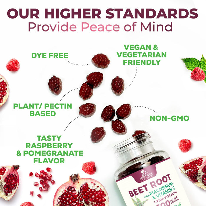 Beet Root Supplement Gummies - 500mg Per Serving with Beetroot Extract Powder Vitamin C & Magnesium - Supports Energy Heart Health & Nitric Oxide Production - Red Beets Supplements Gummy - 60 Gummies