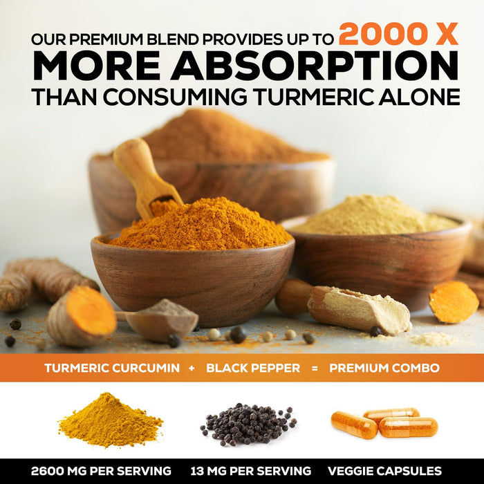 Turmeric Curcumin Supplement with BioPerine 95% Curcuminoids 2600mg with Black Pepper for Best Absorption, Bottled in USA, Best Natural Vegan Joint Support, Nature's Non-GMO Tumeric - 60 Capsules