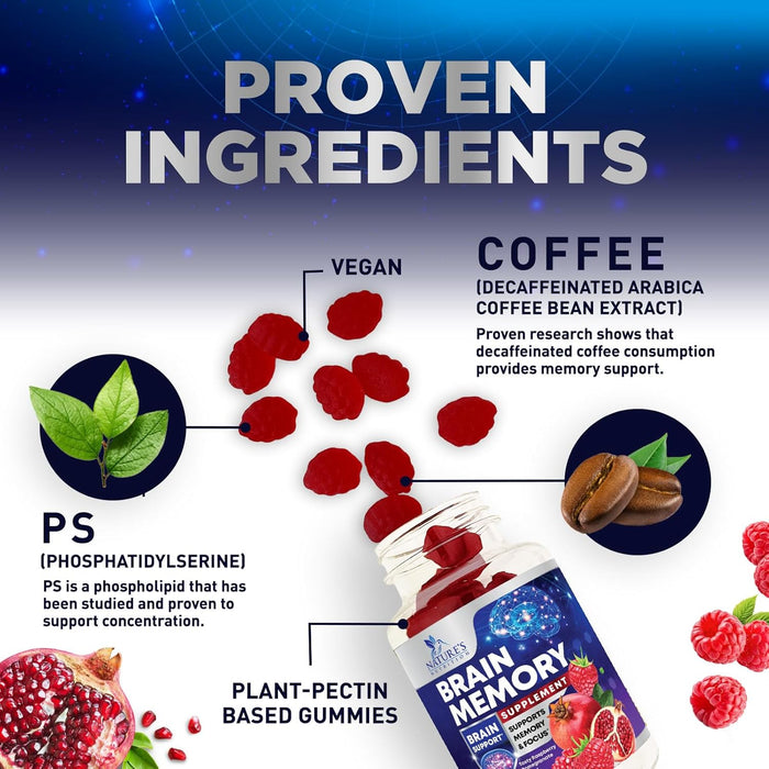 Brain Supplement Gummies for Concentration Memory & Focus Support - Brain Clarity Health with B6 B12, Phosphatidylserine, Coffee Extract, Nootropics Cognitive Vitamins for Adults - 60 Vegan Gummies