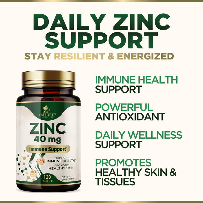 Zinc 40mg Supplements for Women and Men, Supplement for Immune Health Support, Skin Health Support, & Antioxidant Supplement for Adults with Zinc Gluconate 40 mg, High Potency, Non-GMO - 120 Tablets