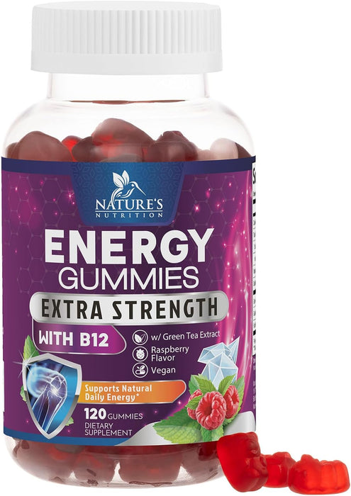 Energy Gummies 1000mcg - with Vitamin B12, Green Tea Natural Caffeine Support, Daily Energy Gummies - Delicious Berry Flavor B12 Chewable Exercise Supplement for Running Cycling & Sports - 120 Chews