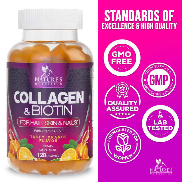 Collagen Gummies with 2500mcg Biotin, Vitamin C & Zinc - Hydrolyzed Collagen Peptide Type 1 & 3 Supplement - Advanced Hair, Skin & Nail Growth Support for Women & Men, Gluten Free, Non-GMO - 120 Count