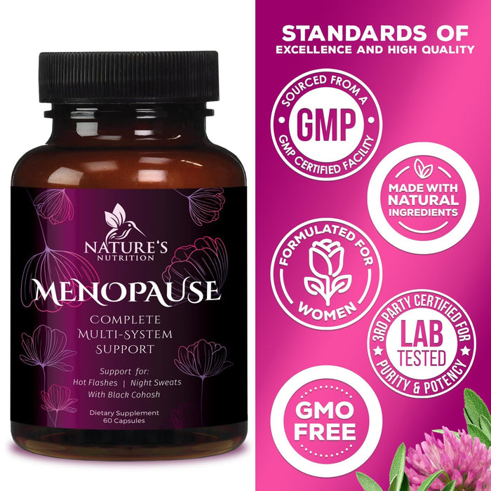 Menopause Supplements for Women with Black Cohosh - Hot Flash and Hormone Support for Women, Natural Menopause Relief Vitamins Support Mild Night Sweats & Balance, Non-GMO & Gluten Free - 60 Capsules