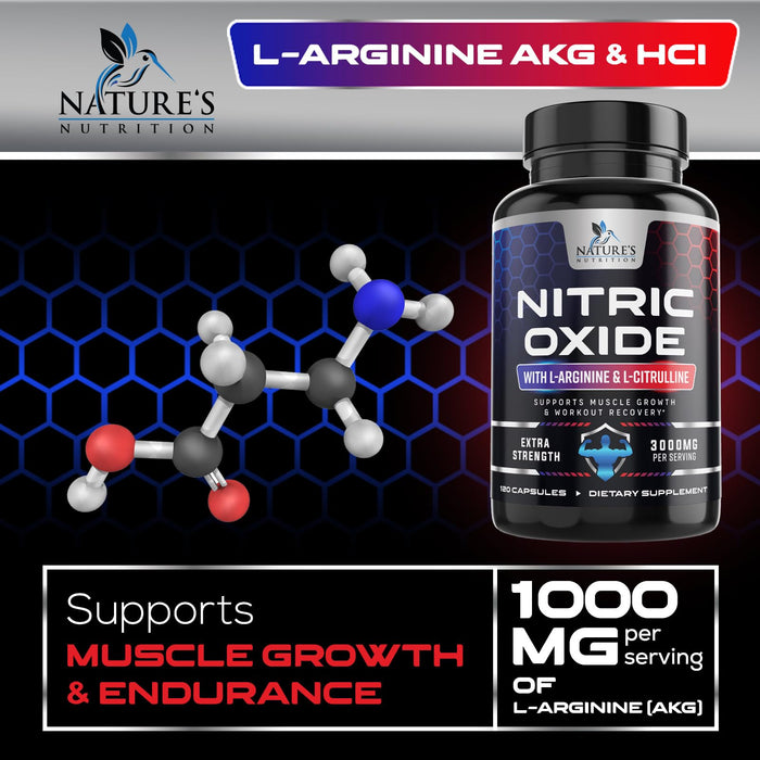 Nitric Oxide Formula with L-Arginine + Citrulline – 3000mg – 120 Capsules